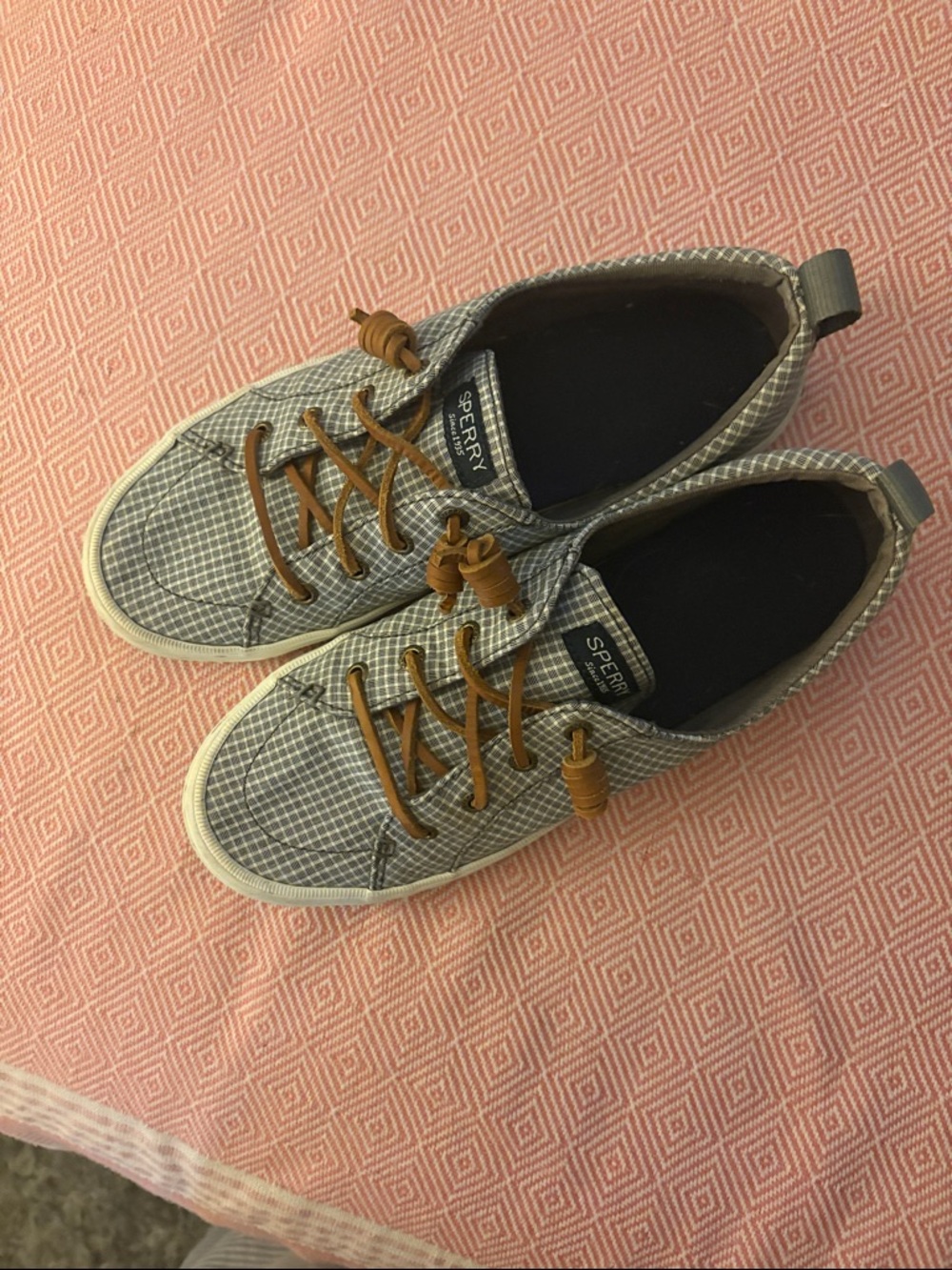 Sperry Gray Plaid Casual Slip-On Sneakers with Tan Laces 7.5